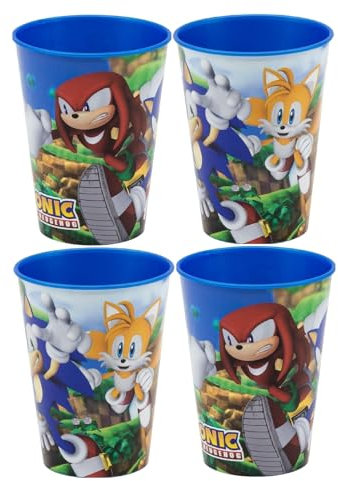 Golddunes 4pc Cups 260ml Cartoon Character Drinking Party Pack, Tumbler Re-Usable Plastic (Blue Sonic)