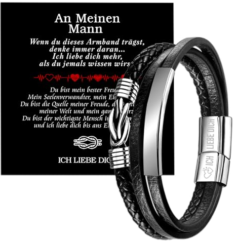 Männer Armband Leder Armreif Geschenk für Männer Lederarmband mit Gravur Ich Liebe Dich Herren Armband Lerderarmband Herren Leder Unendlichkeit Knoten Armband Geschenk für Hochzeitstag Weihnachten