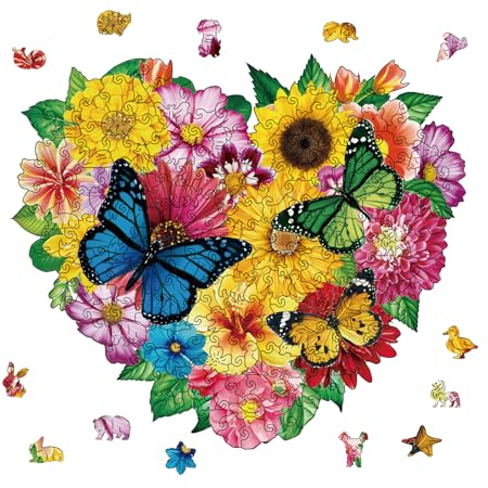 GLOBLELAND 200Pcs Big Love Butterfly Wooden Jigsaw Puzzles for Adults 12.99x11.22inch Colorful Flowers Wooden Puzzles for Gift Children Birthday Anniversary