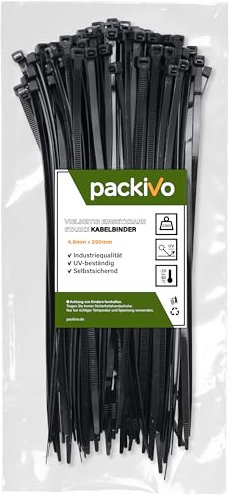 PACKIVO Profi Kabelbinder 4,8 x 200mm schwarz extra starke Kabelbinder Industriequalität UV Beständig Zugfestigkeit 22Kg für Kabelmanagement, DIY, Haus, Wohnen Garten und Werkstatt größe Menge wählbar