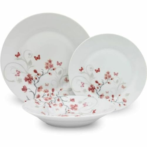 BigBuy Home Vaisselle en porcelaine blanche Papillons 18 pièces