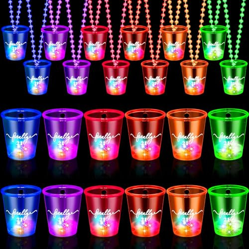 Zeyune 12 Pcs Light up Birthday Shot Glasses Necklaces Finally 21st Birthday Party Favor Glowing Plastic Shot Glass on Beaded Necklace Shot Cups Neon Birthday Gifts Party Decorations, 6 Colors