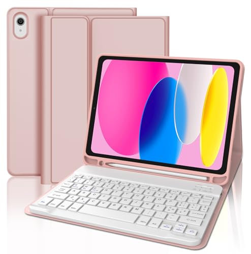 SENGBIRCH Keyboard Case for iPad 10th Generation (10.9, 2022) - UK layout Keyboard, Flip Stand Case with Pencil Holder Detachable Wireless Bluetooth Keyboard, Light Pink