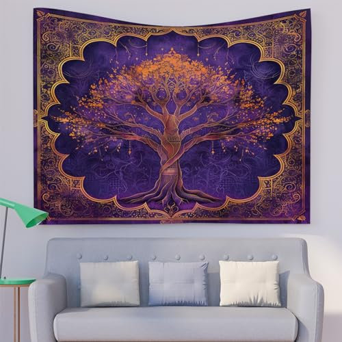 Wandteppich Abstrakter lila Baum des Lebens Wandtuch Drucken Wandbehang Tapestry Aesthetic Ultraweiche Psychedelic Dekorativer Wandteppiche für Schlafzimmer 130x150 cm