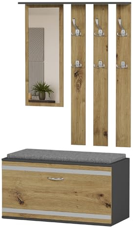 Framire Flurgarderobe mit Spiegel und Sitzbank – Anthrazit/Artisan, 90cm – V2