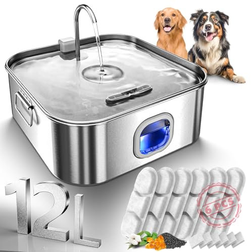 Dog Water Fountain Stainless Steel, 410oz/3.2Gal/12L Large Pet Water Fountain for Large Dog, Dog Water Bowl Dispenser with Water Level Window & LED Indicator, Super Quiet, with 6 Packs Filters