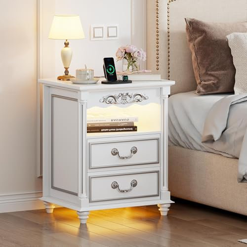 Gurexl Led Retro Nachttisch mit Ladefunktion,Smart Nachtschrank Landhausstil mit 3 Licht Dimmbar, Intelligent Sideboard mit 2 Schubladen USB Type-C Mit Schloss Schlafzimmer Weiß