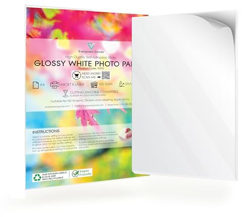 Evergreen Goods A4 Splashproof Self-Adhesive Sticker Paper | 500 Sheets | Printable Photo, Glossy, Inkjet & Laser Compatible | Self-Adhesive | Multipurpose, Ideal for Product Labelling