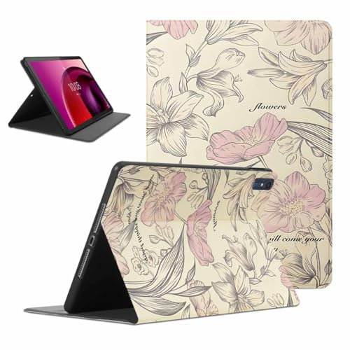 Kueqeay Custodia per Lenovo Tab M10 10.6, Aesthetic Fiori Motivo Disegno Flip Cover in pelle PU con Supporto Funzione Soft TPU Antiurto Tablet Case in Silicone, Beige
