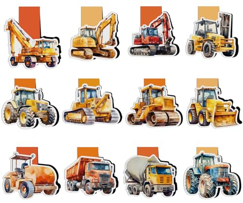BETESSIN Magnetische lesezeichen Kinder - 12x Bagger Lesezeichen Magnetisch - Baustelle Mitgebsel Kindergeburtstag - Kleine Geschenke für Schüler, Buchliebhaber und Bagger-fans