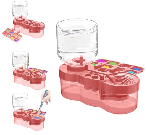 Paint Brush Cleaner with Paint Tray, 2025 Upgraded 3-in-1 Water Circulation Rinser Paintbrush Cleaner with Drain and Brush Holder, Painting Supplies for Acrylic, Watercolor, Water Based Paints Pink