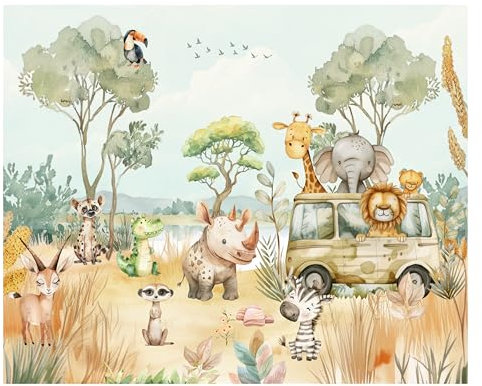 Fototapete Kinderzimmer Junge Mädchen Dschungel Safari Zoo Tapeten für Kinder Babyzimmer Vliestapete wandtapete Tiertapete Lion giraffe elephant africa savannah