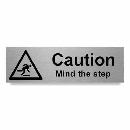 Caution Mind the Step Sign – 200 x 60mm – Durable 0.5mm Rigid Aluminium with Bold Text & Icon, Self-Adhesive for Easy Mounting