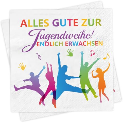 40 Stück Jugendweihe Servietten, Endlich Erwachsen Tischdeko, Alles Gute zur Jugendweihe Partyzubehör, Jugendweihe Papierservietten für Junge Mädchen, Mehrfarbig Bunt, 33x33cm