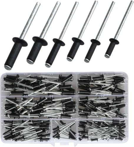 180PCS Black Rivets Pop Rivets Assortment Kit Aluminum Dome Large Flange Rivets 6 Sizes Blind Rivet 3.2mm 4mm 5mm with Storage Box