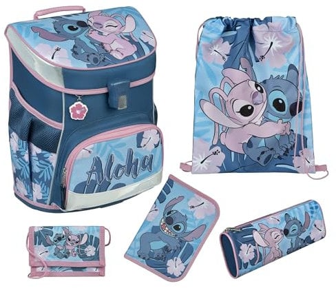 Familando Mädchen Schulranzen 1. Klasse · Scooli Campus Fit Schultasche · ergonomisch & leicht · Kinder Schulranzen Set für Mädchen (5-teilig mit Federmappe, Disney Stitch)