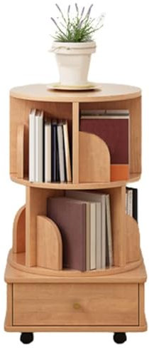 Drehbarer Bücherturm aus Holz mit Schublade und Schwenkrädern, 3 Etagen, bodenstehend, Braun