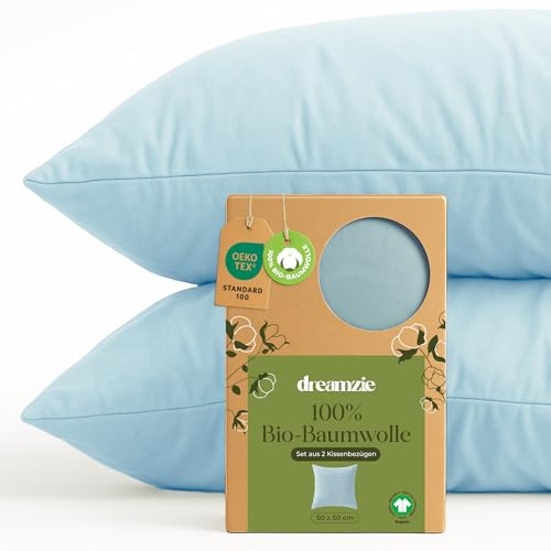 Dreamzie - Kissenbezug 50x50cm - 2er Set - 100% Bio-Baumwolle - Blau | GOTS & Oeko-Tex zertifiziert · mit Reißverschluss · Kopfkissenbezug & Kissenhülle · Jersey · atmungsaktiv · waschbar 60°C