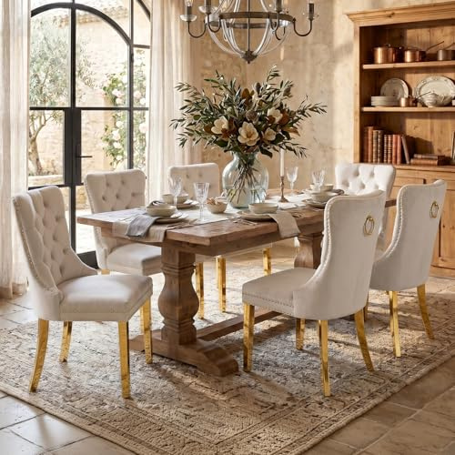 Esszimmerstühle mit gepolstertem Flügelrücken, cremebeige und gold, 6er Set | Weicher Samtbezug, Tufting, Nietenbesatz, Rückenring, goldene Metallbeine. Ideal für Esszimmer, Wohnzimmer, Innendekoration.