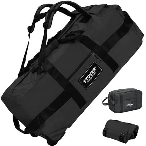 STOVER 100L Rolling Duffel Bag with Wheels, X-Large Durable Travel Duffle + Toiletry Bag, Heavy Duty, Packable with Shoulder Straps- Use as Luggage or Backpack, Men/Women (Black)