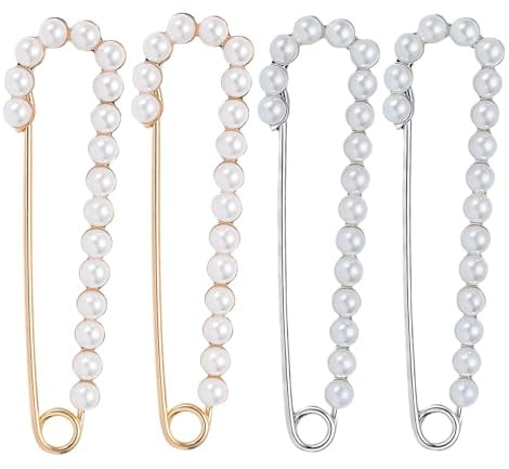4 Stück Große Broschennadeln, Sicherheitsnadel mit Perlen, Schleppennadel für Brautkleid, Safety Pin Necklace, Damen Mädchen Kleidung Accessoire