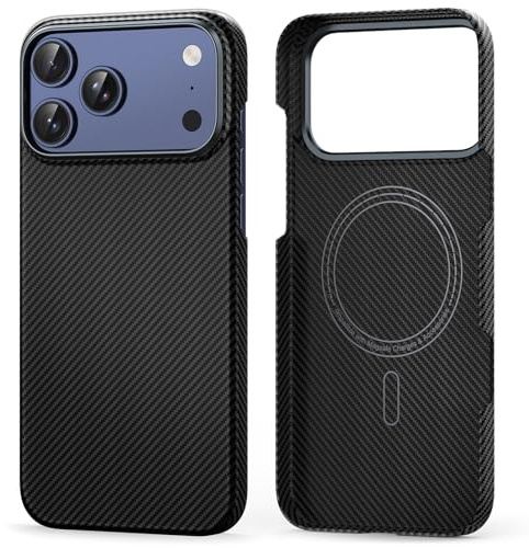 Lanhiem Hülle für iPhone 17 Pro Handyhülle aus 600D Aramidfaser Kompatibel mit Magsafe [Ultra Dünne] Magnetische Schutzhülle für iPhone 17 Pro, Hüllenlosem Gefühl, Angenehmem Griff Schwarz/Grau