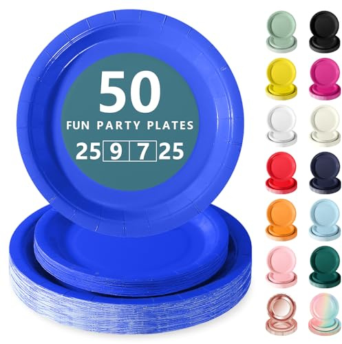Nkaiso 50 Pcs Royal Blue Disposable Party Paper Plates Set | Party Supplies- 25x9inch & 25x13inch Plate Elegant Disposable Tableware for Birthday, Wedding, Shower