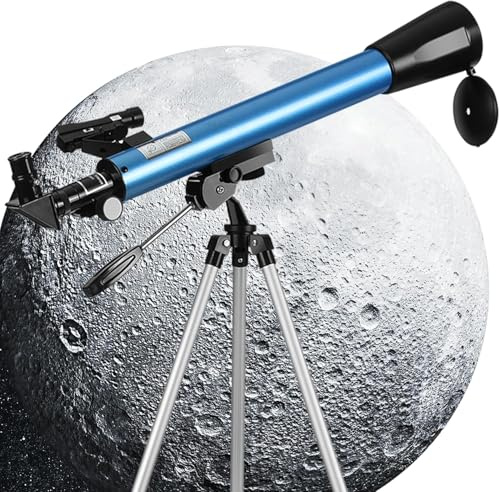 Telescopio Astronómico 50/600 mm, Telescopio Refractor para Niños y Principiantes con Visor de Punto Rojo, Trípode, Adaptador de Teléfono, 2 Oculares H12.5mm y H20mm