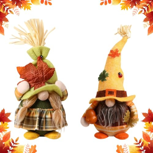 GLLBTPT 2 Stück Herbst Dekoration Wichtel Figuren Herbst Deko | Handgefertigt Herbstdeko Innen Outdoor mit Ahornblatt und Kürbis Plüsch Elfe Puppe für Home Thanksgiving und Herbst