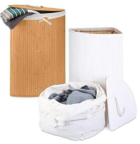 2 x Eckwäschekorb Set, Wäschetrennsystem aus Bambus, Wäschesammler mit herausnehmbarem Wäschesack, je 64 L, natur/weiß