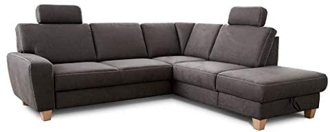 Cavadore Ecksofa Wisconsin mit Federkern / Landhaus Sofa mit 2 Kopfstützen / Landhausstil / Holzfüße in Buche / Mikrofaser in Lederoptik / Größe: 248 x 88 x 215 cm (BxHxT) / Farbe: Dunkelgrau