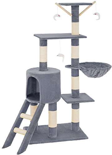 tectake Kratzbaum, Katzenbaum für Katzen, Kratzbaum mittel groß mit Sisalstangen, Höhle und Treppe, Katzenhaus 144 cm hoch, Kletterbaum für Katzen, Spielbaum für Katzen - grau