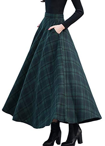Femiserah Damen Lang Maxi Wolle A Linie Rock Herbst Winter Plaid Rock, schwarz grau