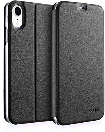 doupi Flip Case für iPhone XR (6,1 Zoll), Deluxe Schutz Hülle mit Magnetischem Verschluss Cover Klappbar Book Style Handyhülle Aufstellbar Ständer, schwarz