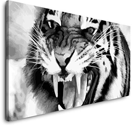 Tiger in schwarz weiß 120x 60cm Panorama Leinwand Bild XXL Format Wandbilder Wohnzimmer Wohnung Deko Kunstdrucke