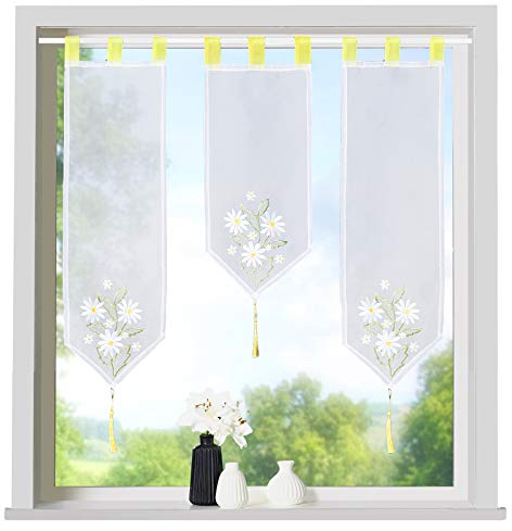 heimtexland ® Scheibengardinen Set 3-teilig Lamellen Gardine Transparent Bestickt mit Schlaufen Gelb Margariten Typ710