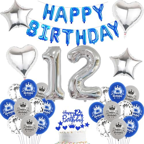 Luftballon 12.Geburtstag Junge blau silber deko Folienballon 12 jahre Geburtstags deko Junge mädchen silber happy Birthday 12th Geburtstagsdeko 12 Ballon 12 jahre Geburtstag mädchen Dekoration (12)