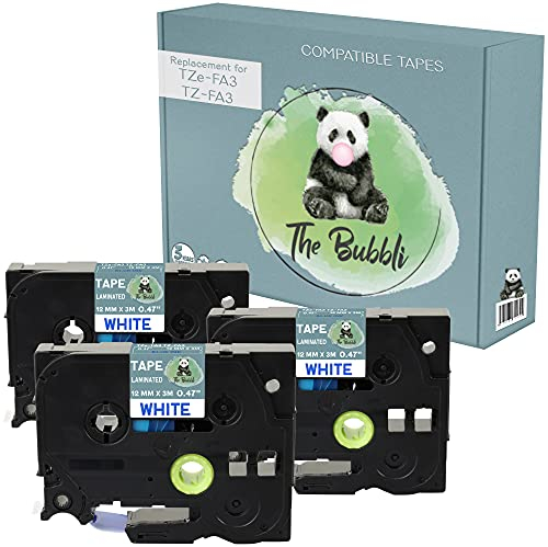 The Bubbli Original | TZe-FA3 TZ-FA3 Blau auf Weiß Kompatibel Textilband zum Aufbügeln für BROTHER P-Touch PT-1000 PT-H100 PT-D210VP PT-D400 PT-D600VP PT-P700 PT-P750W Cube (12 mm x 3m | 3er Pack)