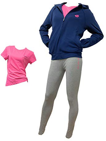 Lotto Tuta Donna Estiva 2 PEZZI + T-SHIRT OMAGGIO - Giacca in Felpa Estiva, Leggings in Cotone Elasticizzato, T-SHIRT in Cotone in OMAGGIO - Tuta Sportiva Donna - BLU, GRIGIO, FUXIA - S