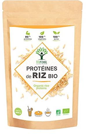Protéine de Riz Bio - Bioptimal - 80% de Protéines - 12% de BCAA - Energie Sport Musculation - Poudre de Riz Brun Germé - 100% Pur - Whey Végétale - Conditionné en France - Certifié Ecocert - 500g