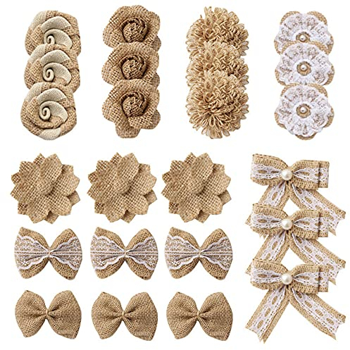 Srcasy 24 Stück Handgemachte Sackleinenblumen, Sackleinen Blumen Natur, Jute Blumen Sackleinen, Handgefertigte Jute Blumen, Sackleinen Schleifenset, für DIY Arts Craft Blumenhandwerk Machen