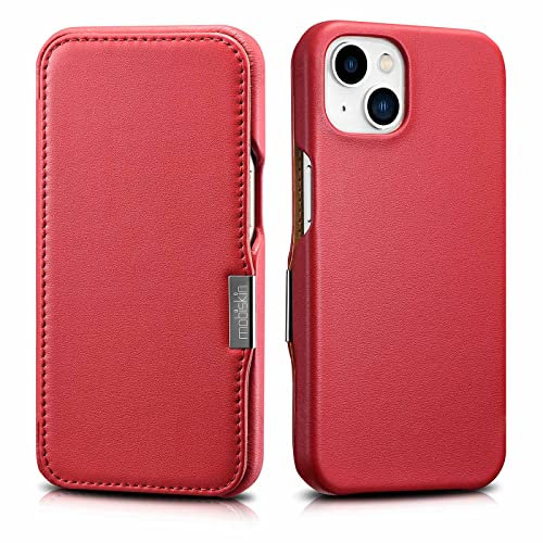 Mobiskin case compatible with Apple iPhone 13 MINI (5.4 inch), cover with genuine leather, book-style protective phone case, ultra-slim folio, thin wallet, red