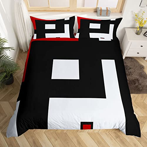 Rot Weiß Modernes Geometrisches Bettwäsche-Set 135×200,Schwarzer Vintage-Karo-Druck Bettbezug mit 1 Kissen Sham Trösterbezug für Kinder Jungen,Abstrakte Kunstform Bettbezug Set Dekorativ 2 Stück