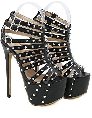 16CM/6.29IN Niete Aushöhlen Super High Heel Stiletto High Heels Sexy Pole Dance Striptease Schuhe Party Prom Club,Schwarz,38 EU