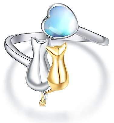 Mondstein Katze Ring für Damen 925 Sterling Silber Einstellbare Katze Tier Offener Ring Schmuck Geschenk für MäDchen Damen Kinder