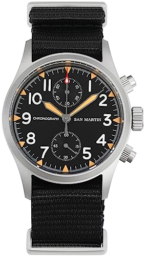 San Martin Militär-Chronographenuhren, 37mm, Saphirglas, SN0120, Pilotenuhr VK61, Quarz, Leuchtende Freizeit-Armbanduhren, 100M wasserdichte Sportuhr mit Nylonarmband, Schwarz