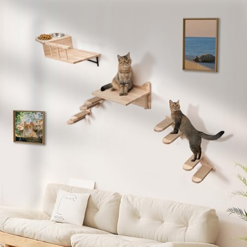 LitaiL Kletterwand Katzen aus Massivholz, Katzen Kletterwand Set mit Katzennapf Wand, Katzenliege und Katzentreppe für Wand, Extra Stabile Katzen Wandelemente, 6-teilig, Bis 25KG