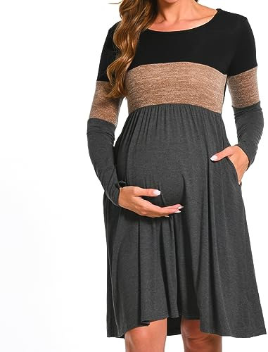 Bearsland Women’s Long Sleeve Maternity Dresses Patchwork Pregnancy Dress with Pocket, Brown, XL