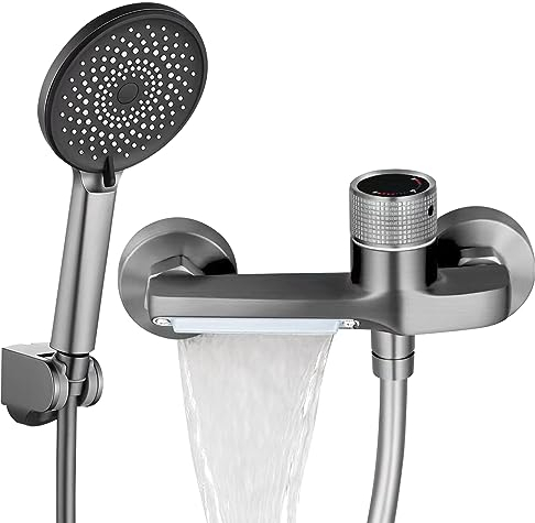 Badewannenarmatur mit Handbrause, Badewannenarmatur Wasserfall mit Brausegarnitur, aus Messing für Badewanne und Bad (Grau)