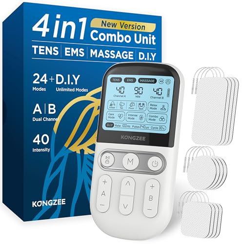 4 en 1 Unité DIY & Tens & EMS & Massage Stimulateur musculaire, Machine de thérapie à TENS pour soulager la douleur, Masseur d'impulsions électronique autorisé par la FDA, avec 12 électrodes (Blanc)